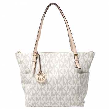 Pre Owned Michael Michael Kors Beige/Off White Signature Coated Canvas Jet Set Tote