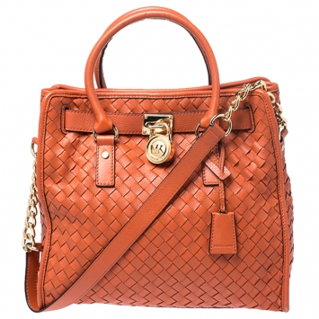 Pre Owned MICHAEL Michael Kors Orange Woven Leather Large Hamilton Tote 
