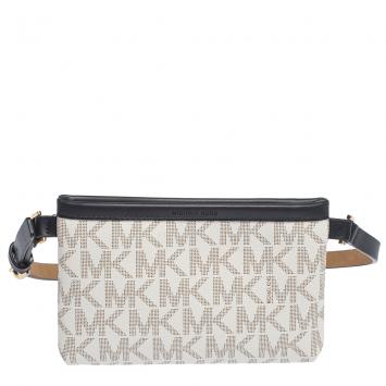 Pre Owned MICHAEL Michael Kors White/Black Signature Coated Canvas and Leather Belt Bag