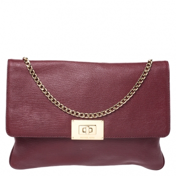 Pre Owned MICHAEL Michael Kors Maroon Leather Turnlock Chain Shoulder Bag