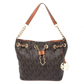 Pre Owned MICHAEL Michael Kors Brown Signature Coated Canvas and Leather Frankie Bucket Bag