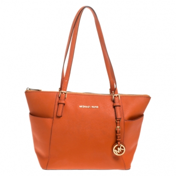 Pre Owned MICHAEL Michael Kors Orange Saffiano Leather Top Zip Jet Set Tote