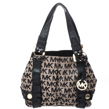Pre Owned MICHAEL Michael Kors Black/Beige Signature Canvas and Leather Harness Grab Shoulder Bag