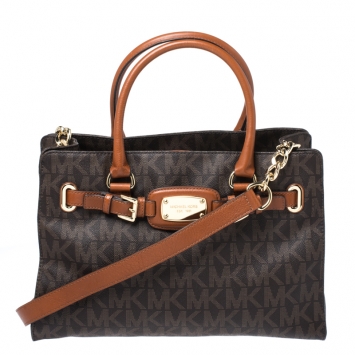 Pre Owned MICHAEL Michael Kors Brown Signature Coated Canvas and Leather Hamilton East West Tote