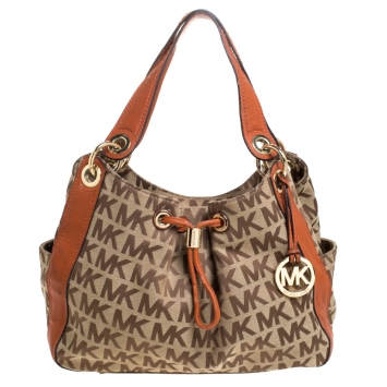 Pre Owned MICHAEL Michael Kors Beige/Orange Canvas and Leather Sided Pocket Bag