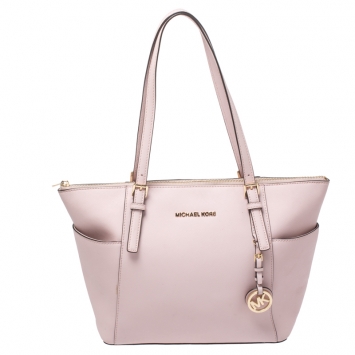 Pre Owned Michael Michael Kors Powder Pink Leather Top Zip Jet Set Tote