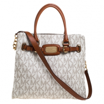 مملوكة مسبقًا Michael Michael Kors Cream/Brown Coated Canvas and Leather East West Hamilton Tote