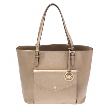 Pre Owned Michael Kors Metallic Gold Leather Jet Set Pocket Tote