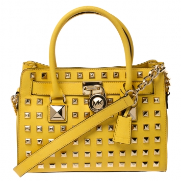 Pre Owned MICHAEL Michael Kors Yellow Leather Studded Hamilton Tote