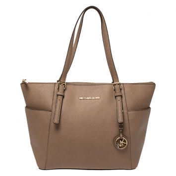 Pre Owned MICHAEL Michael Kors Beige Leather Top Zip Jet Set Tote