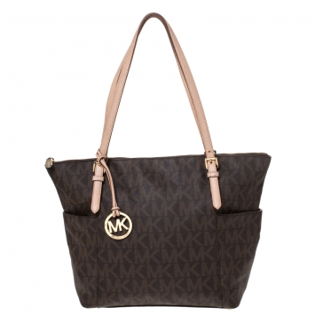 Pre Owned MICHAEL Michael Kors Dark Brown Signature Coated Canvas Top Zip Jet Set Tote