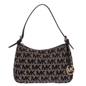 Pre Owned MICHAEL Michael Kors Beige/Black Signature Canvas and Leather Shoulder Bag