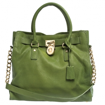 Pre Owned MICHAEL Michael Kors Green Leather Large Hamilton North South Tote