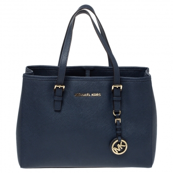 Pre Owned Michael Michael Kors Navy Blue Leather Jet Set Tote