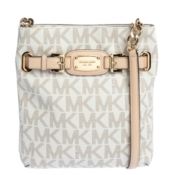 Pre Owned Michael Michael Kors White Signature Coated Canvas and Leather Crossbody Bag