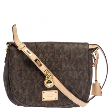 Pre Owned Michael Michael Kors Brown Signature Coated Canvas and Leather Crossbody Bag