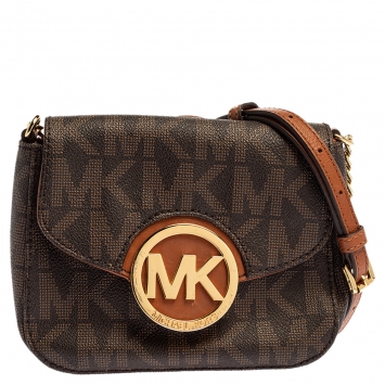 Pre Owned MICHAEL Michael Kors Brown Signature Coated Canvas and Leather Fulton Crossbody Bag