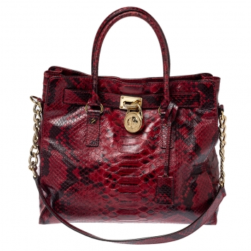 Pre Owned MICHAEL Michael Kors Red/Black Python Embossed Leather Hamilton Tote