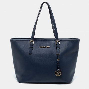 Pre Owned MICHAEL Michael Kors Navy Blue Leather Medium Jet Set Travel Tote