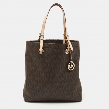 Pre Owned MICHAEL Michael Kors Brown Signature Coated Canvas and Leather Jetset Tote