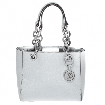 Pre Owned MICHAEL Michael Kors Metallic Silver Leather Mini Cynthia Tote