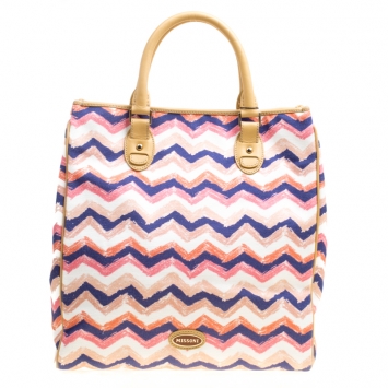 Pre Owned Missoni Multicolor/Beige Printed Canvas and Leather Tote
