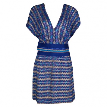 Pre Owned Missoni Blue Perforated Lurex Knit Blouson Dress M