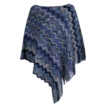 مملوكة مسبقًا Missoni Navy Blue Chevron Pattern Chunky Knit Fringed Edge Poncho M