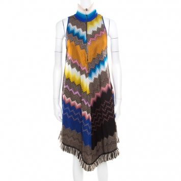 Pre Owned Missoni Multicolor Chevron Pattern Knit Fringed Bottom Sleeveless A Line Dress S
