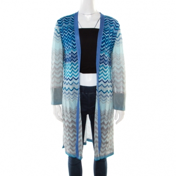 Pre Owned Missoni Blue Lurex Perforated Knit Chevron Pattern Open Front Cardigan L