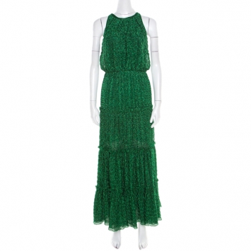 Pre Owned Missoni Metallic Green Knit Neck Tie Detail Tiered Maxi Dress and Fringed Wrap Set M