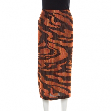 Pre Owned Missoni Black and Orange Textured Woven Slit Detail Midi Skirt L