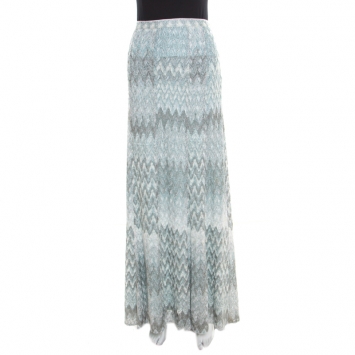 Pre Owned Missoni Blue and Silver Chevron Pattern Perforated Lurex Knit Maxi Skirt L