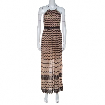 Pre Owned M Missoni Beige & Black Chevron Knit Halterneck Backless Maxi Dress S