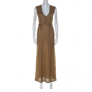 Pre Owned Missoni Gold Lurex & Black Chevron Pattern Deep V-Neck Long Knit Dress S