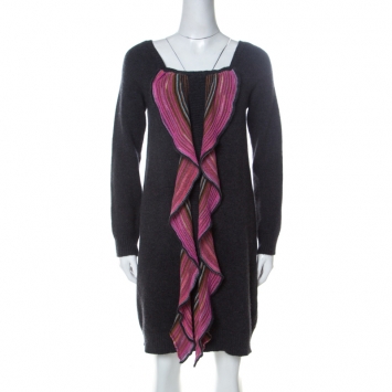 Pre Owned Missoni Grey and Pink Wool Ruffle Front Detail Tunic Sweater L 