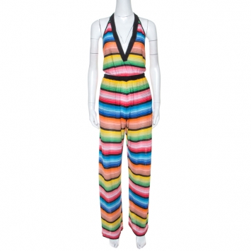 Pre Owned Missoni Multicolor Striped Knit Halterneck Coverup Jumpsuit S 