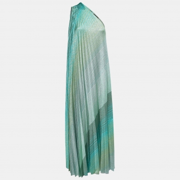 Pre Owned Missoni Aqua Green Lurex Knit Plisse One Shoulder Maxi Dress S