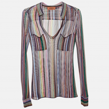 Pre Owned Missoni Multicolor Striped Knit Long sleeve Sheer Top M   
