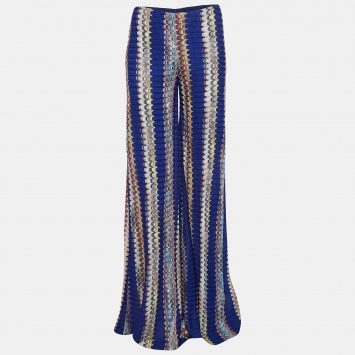 Pre Owned Missoni Blue Chevron Knit Wide Flared Pants M