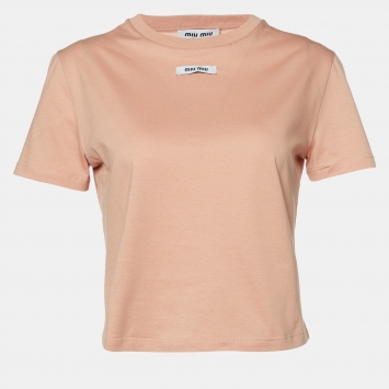 Pre Owned Miu Miu Powder Pink Cotton Logo Label Detail Cropped T-Shirt S