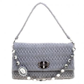 Pre Owned Miu Miu Grey Matelassé Leather Crystal Flap Shoulder Bag