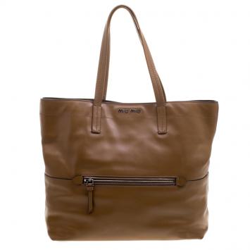 Pre Owned Miu Miu Brown Vitello Soft Leather Tote