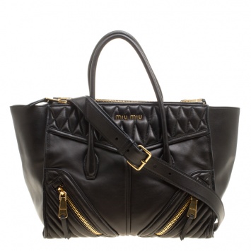 Pre Owned Miu Miu Black Matelasse Leather Biker Tote