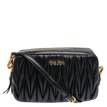 Pre Owned Miu Miu Black Matelasse Leather Double Zip Camera Bag