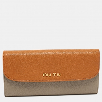 Pre Owned Miu Miu Brown/Grey Madras Leather Flap Continental Wallet