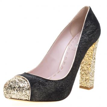 Pre Owned Miu Miu Black Metallic Calf Hair Glitter Trimmed Pumps Size 40