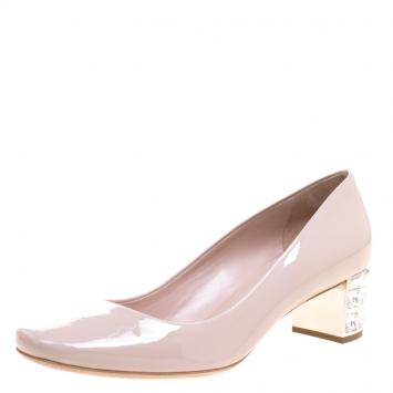Pre Owned Miu Miu Beige Patent Leather Jeweled Block Heel Pumps Size 40.5