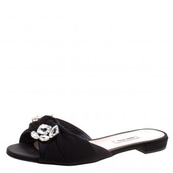 Pre Owned Miu Miu Black Jeweled Satin Flat Slides Size 38