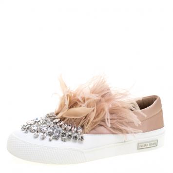 Pre Owned Miu Miu Blush Pink Crystal Embellished Satin With Marabou Feathers  Slip On Sneakers Size 38